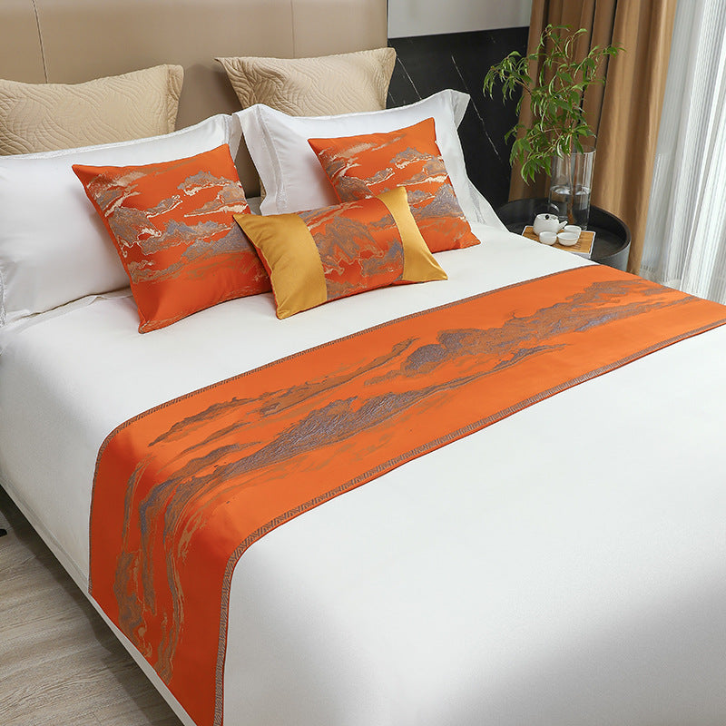 Chinese Landscape Style Bed Runner &amp; Pillow Set