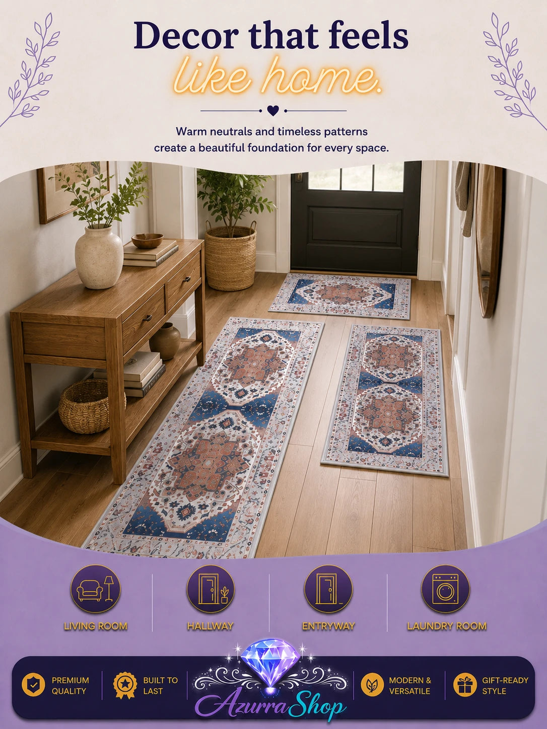 Navy blue and terracotta medallion-patterned rug set laid out in a hallway entryway with a wooden console table, with an Azurra Shop promotional banner