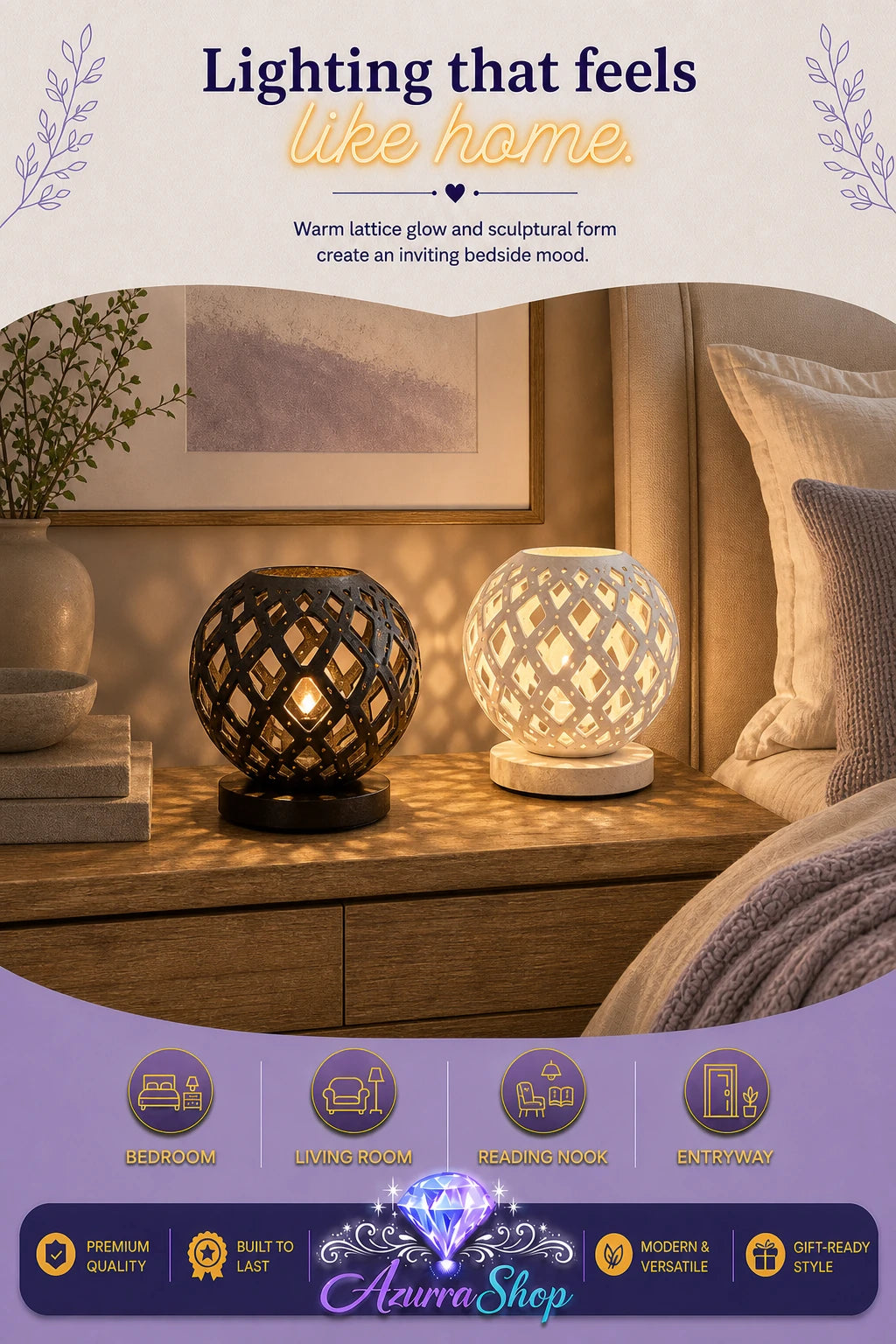 Two decorative table lamps displayed in a bedroom setting, one with a black lattice pattern and one with a white lattice pattern, both glowing warmly. The image includes promotional text and a purple footer banner with product features and the brand name Azurra Shop.