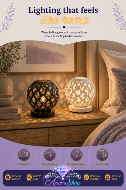 Two decorative table lamps displayed in a bedroom setting, one with a black lattice pattern and one with a white lattice pattern, both glowing warmly. The image includes promotional text and a purple footer banner with product features and the brand name Azurra Shop.