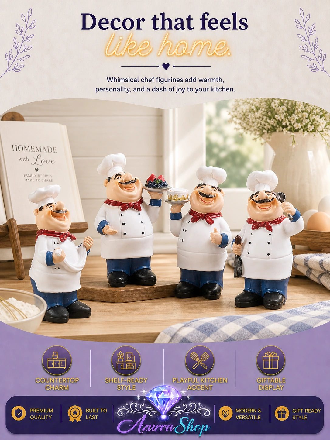 All four hand-painted resin chef figurines displayed on a wooden kitchen counter in a home setting with a homemade sign in the background