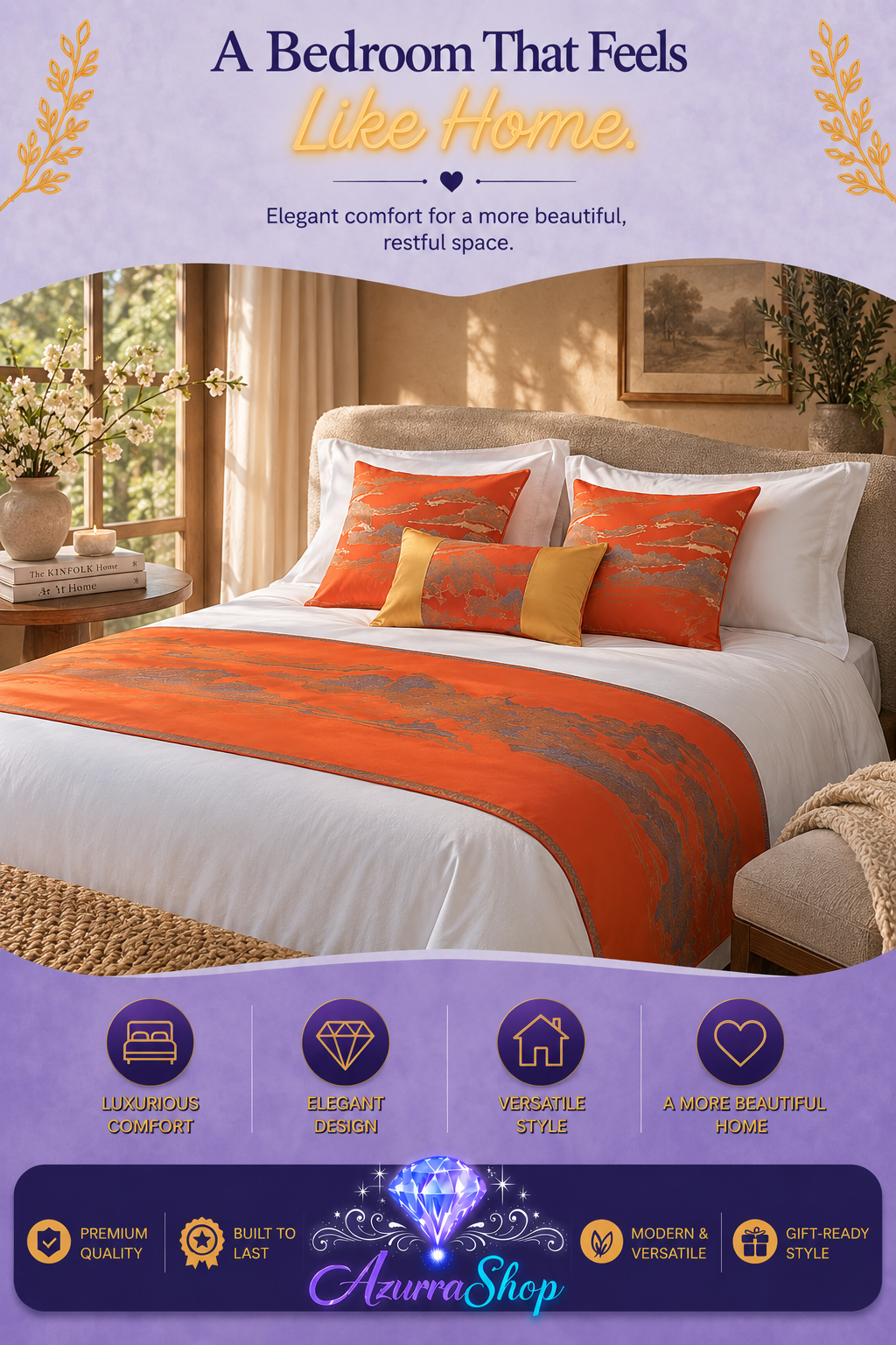 Chinese Landscape Style Bed Runner &amp; Pillow Set