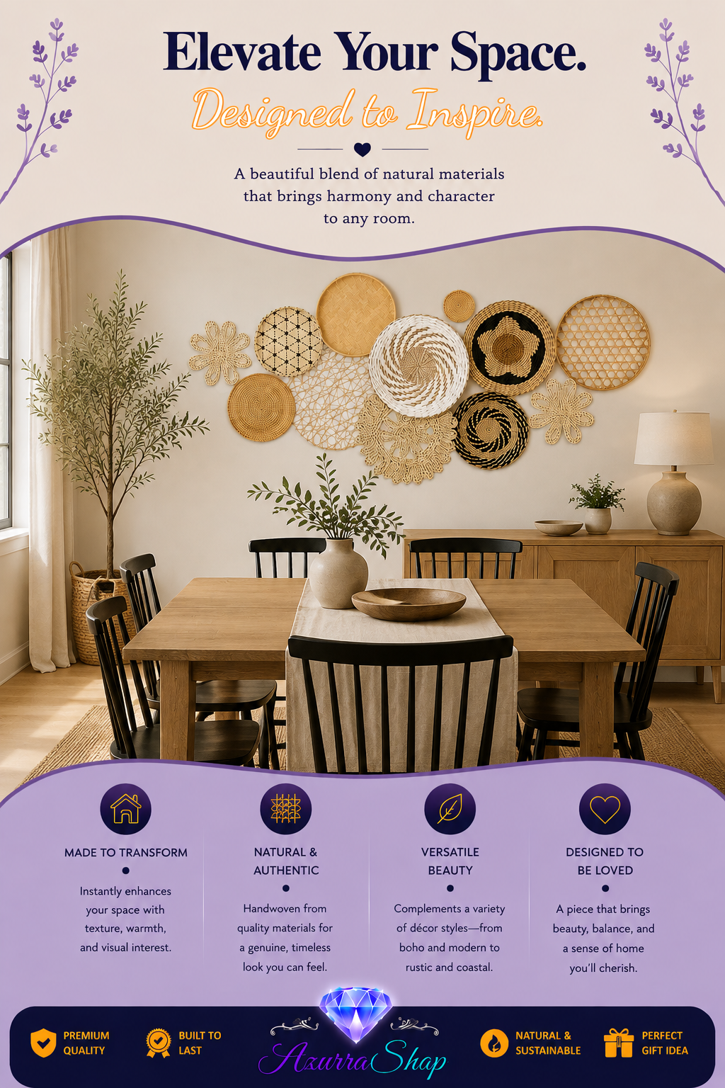 Marketing graphic for beige boho woven wall hanging discs, styled above a dining table with wooden chairs, with a set feature list and Azurra Shop logo.