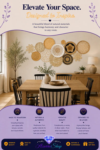 Marketing graphic for beige boho woven wall hanging discs, styled above a dining table with wooden chairs, with a set feature list and Azurra Shop logo.
