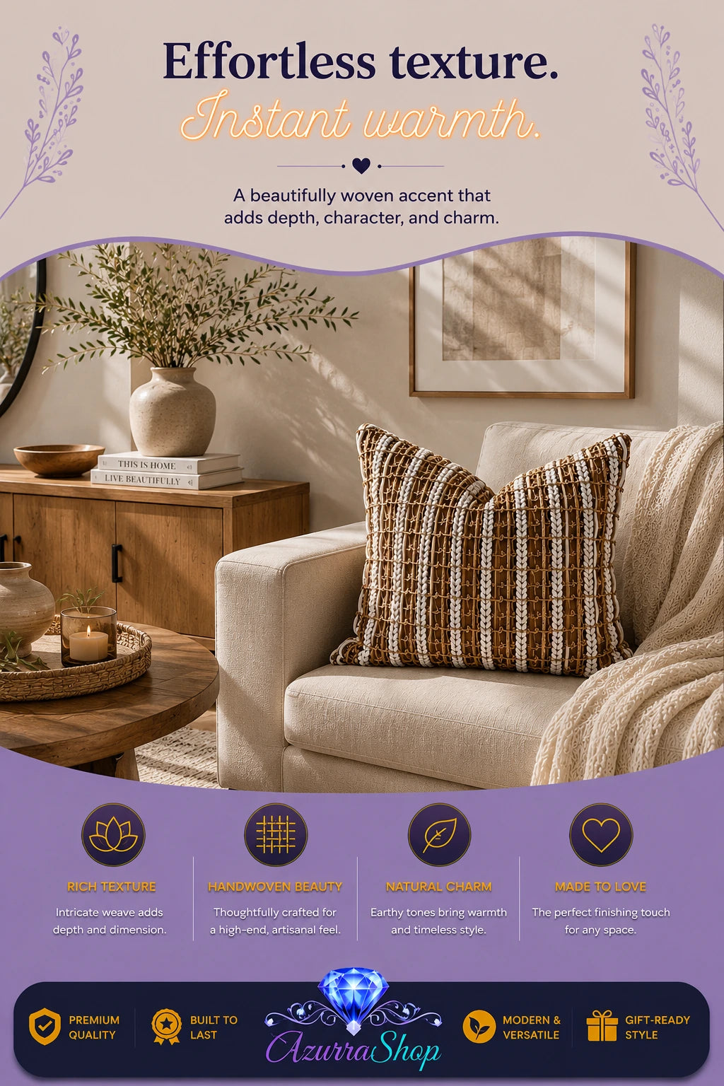 Two chunky brown and cream woven throw pillows styled on a cream sofa beside a wooden side table