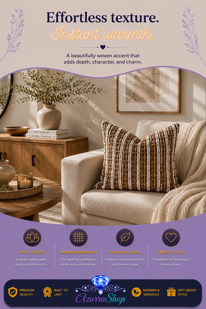 Two chunky brown and cream woven throw pillows styled on a cream sofa beside a wooden side table