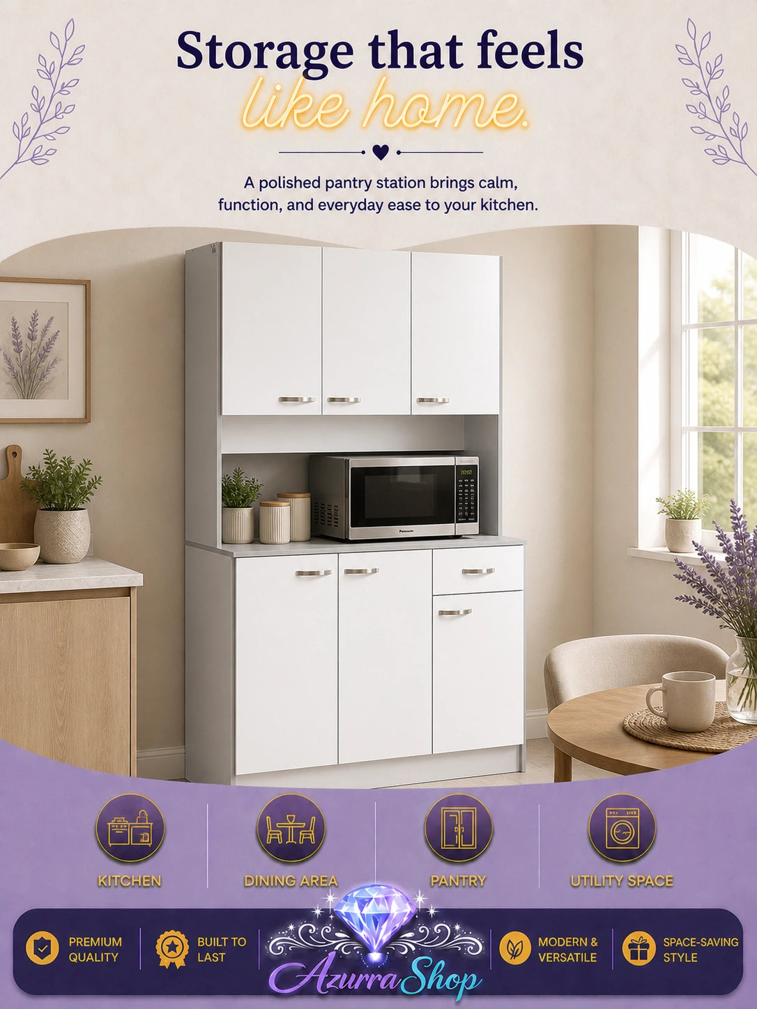 White kitchen pantry cabinet with an integrated microwave shelf, styled in a bright kitchen with a small side table.