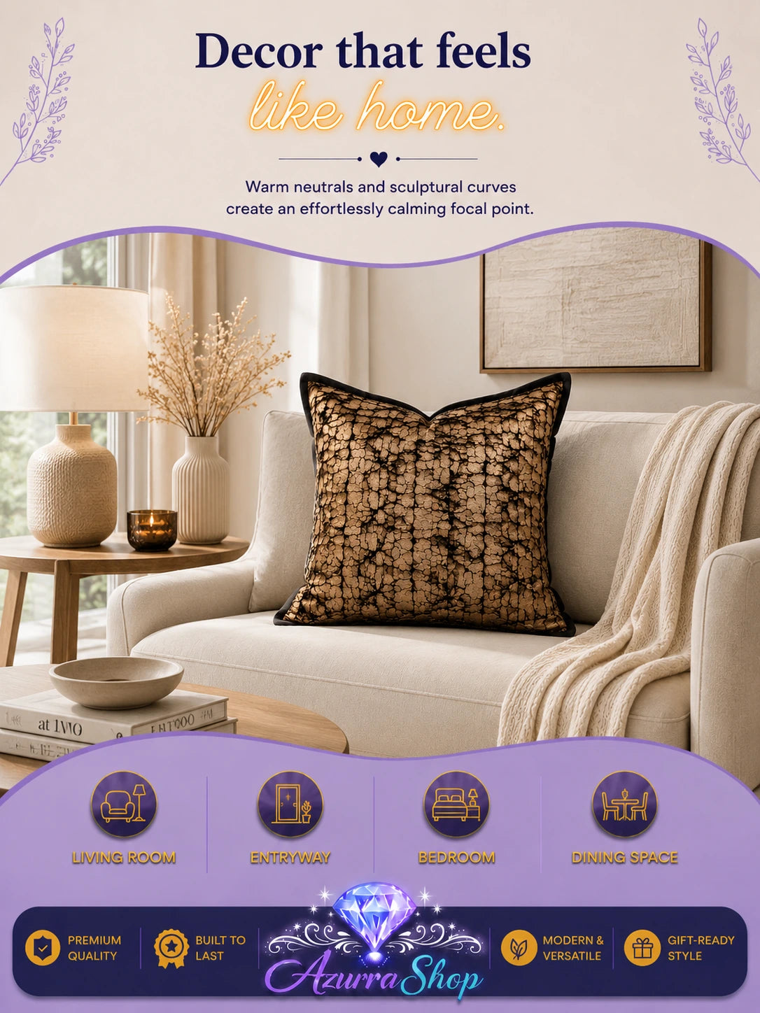 Black and gold lace-patterned throw pillow styled on a cream armchair in a modern living room