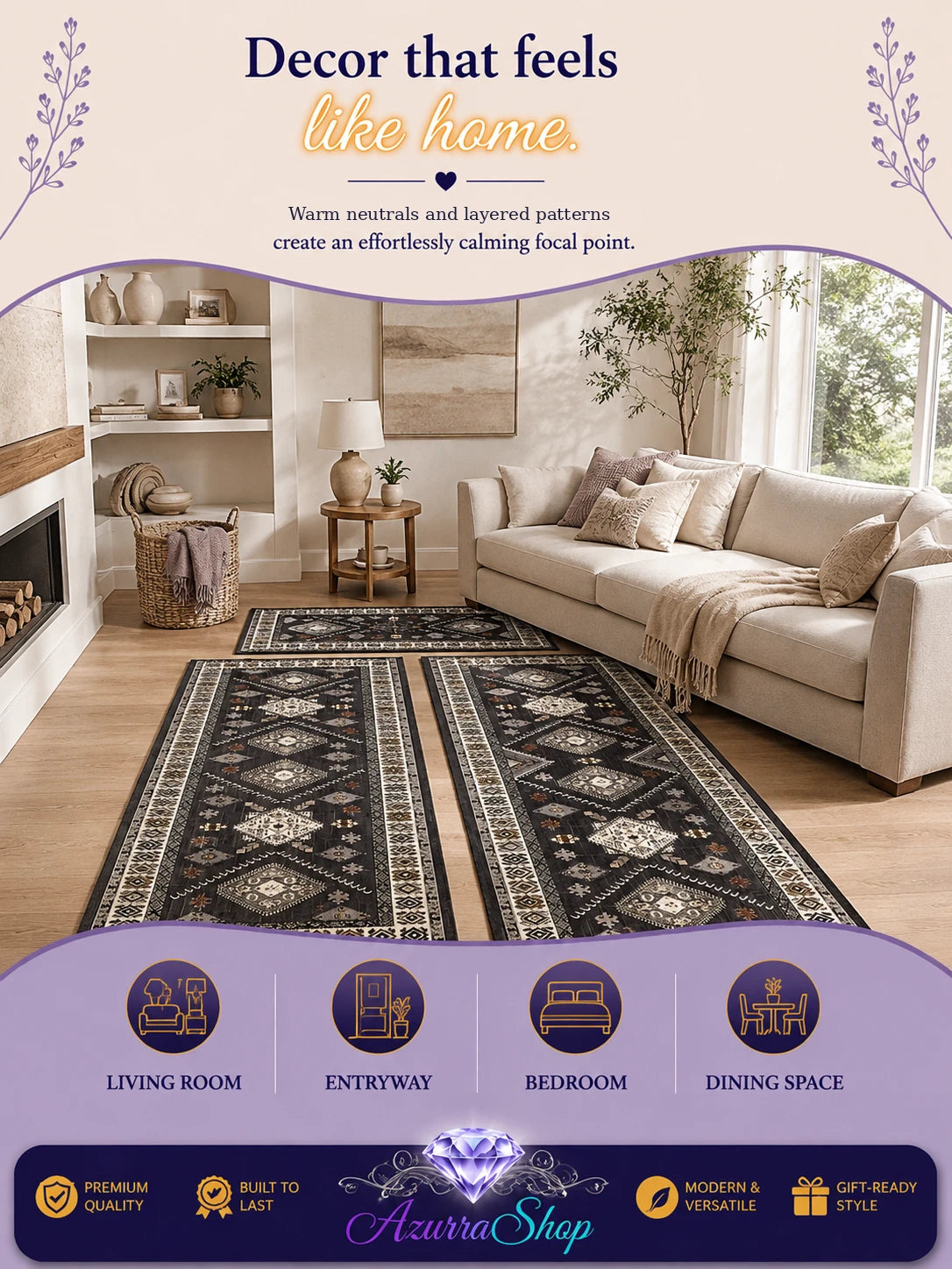 A promotional listing graphic for two patterned area rugs shown in a styled living room. The scene includes a beige sofa, fireplace, shelves, and large windows, with text at the top reading &