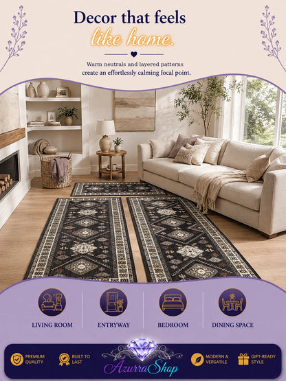 A promotional listing graphic for two patterned area rugs shown in a styled living room. The scene includes a beige sofa, fireplace, shelves, and large windows, with text at the top reading &