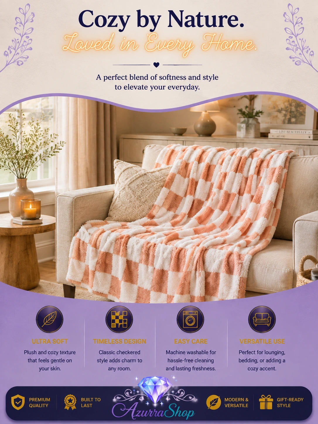 Pink and white checkerboard fleece throw blanket draped over a beige armchair in a living room, with an Azurra Shop promotional banner