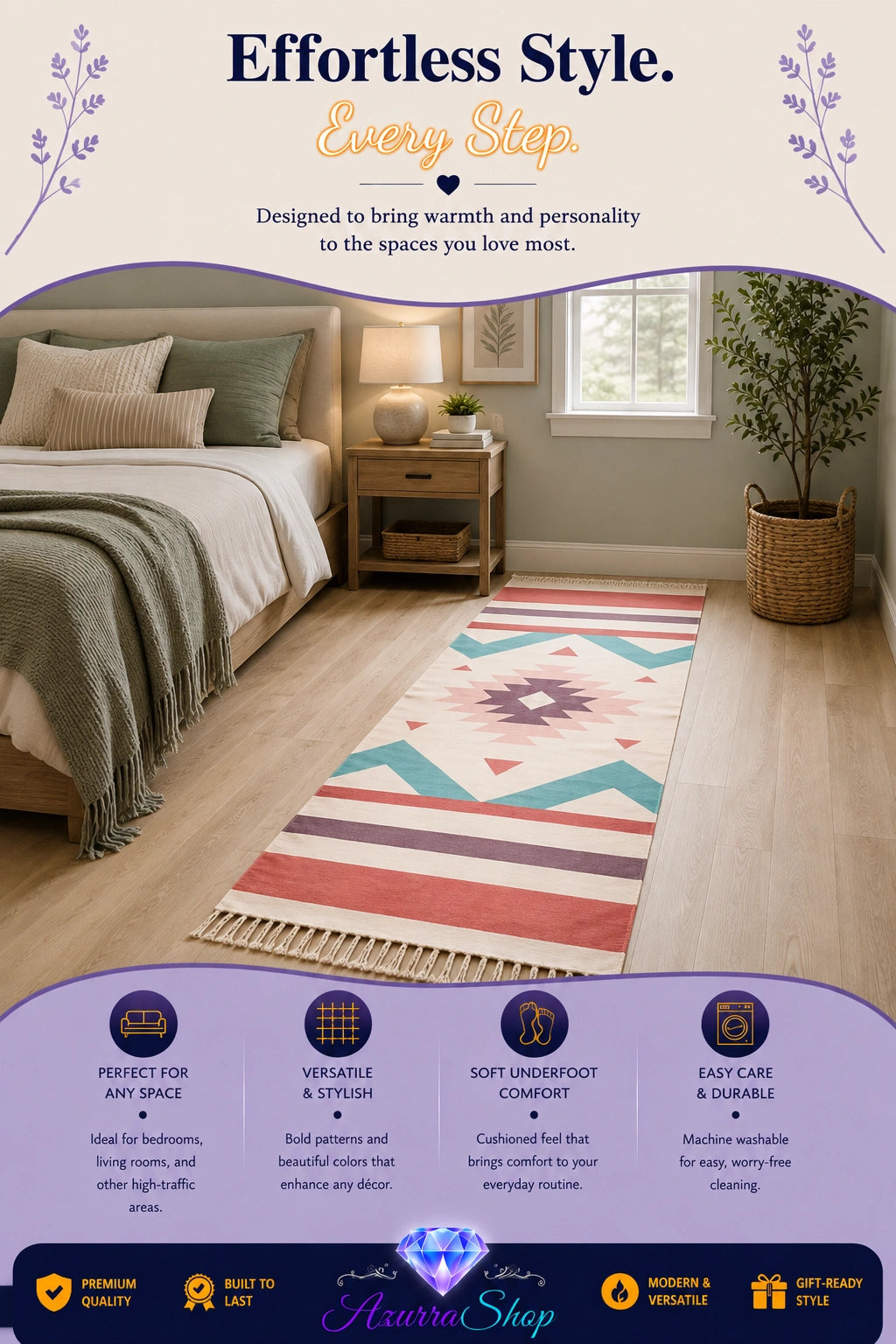 Red, teal, and cream geometric diamond patterned runner rug styled at the foot of a bed in a bedroom