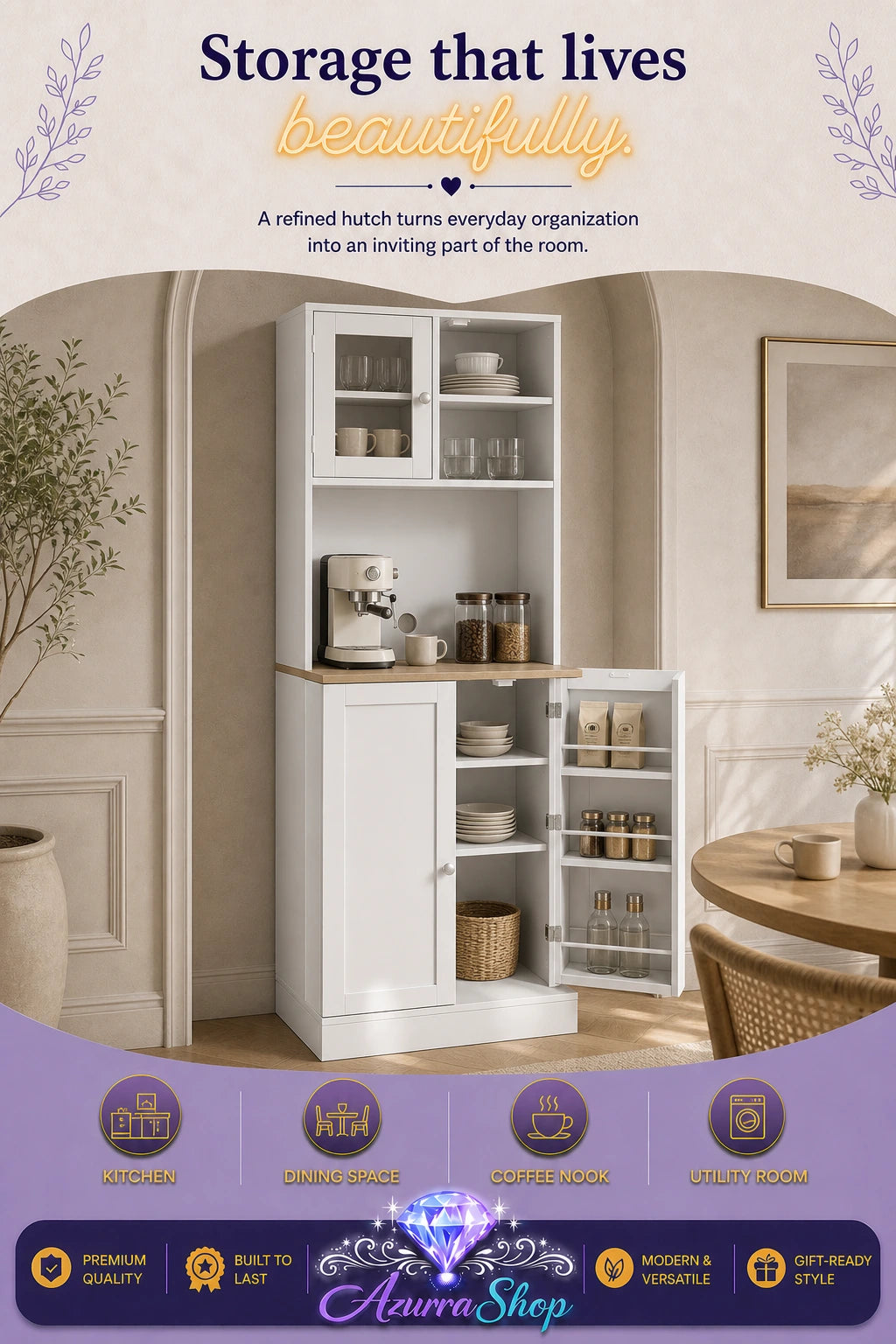 White storage cabinet with a glass-front upper shelf and an open side cabinet, styled in a room with baskets and framed art.