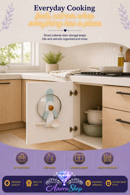 A kitchen scene showing the round pot lid holder mounted on a light wood cabinet door, holding a pot lid by its knob with a spoon resting in a small holder below. The image includes promotional text at the top and a purple banner at the bottom with the brand name Azurra Shop.