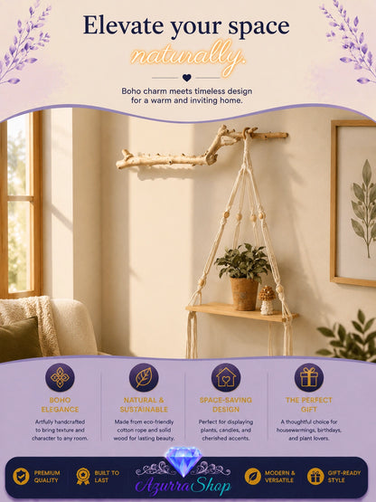 Macrame wall shelf hanging from a driftwood branch, holding a small potted plant, in a warm neutral-toned room.