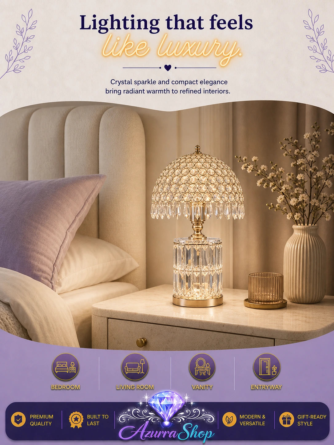 A decorative table lamp with a faceted crystal shade and gold-toned base, displayed on a bedside table in a softly styled bedroom. The image includes promotional text and feature icons at the bottom, with the brand name Azurra Shop visible.