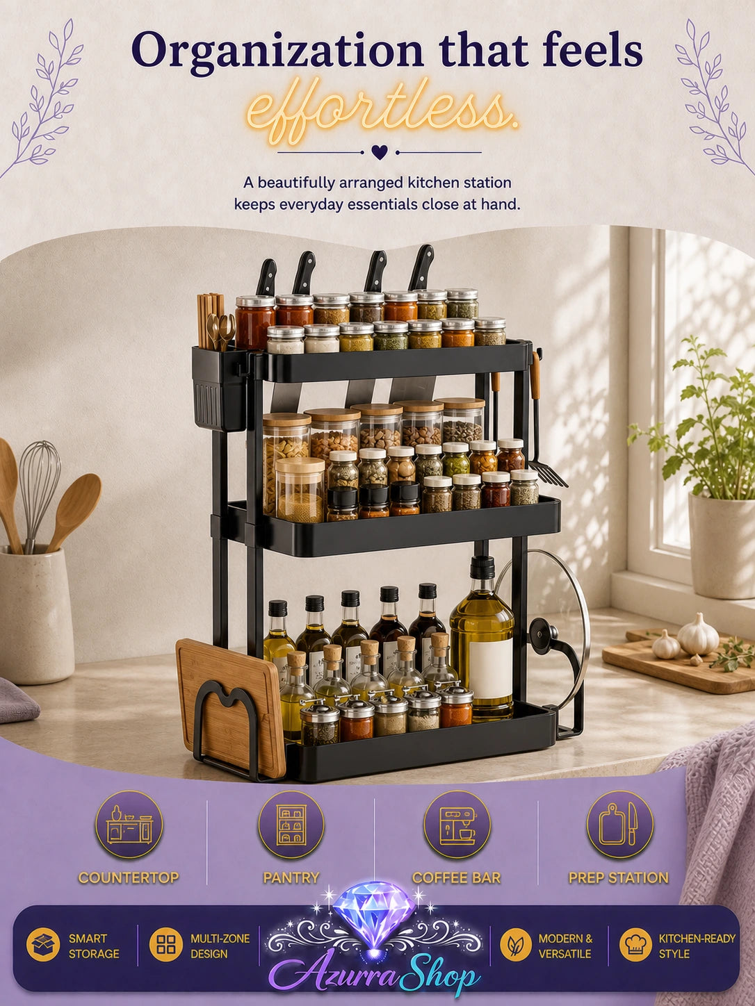 A three-tier black metal spice rack filled with jars, bottles, and spices, set in a bright kitchen scene. The image includes promotional text at the top and a purple feature banner at the bottom highlighting design and storage benefits.