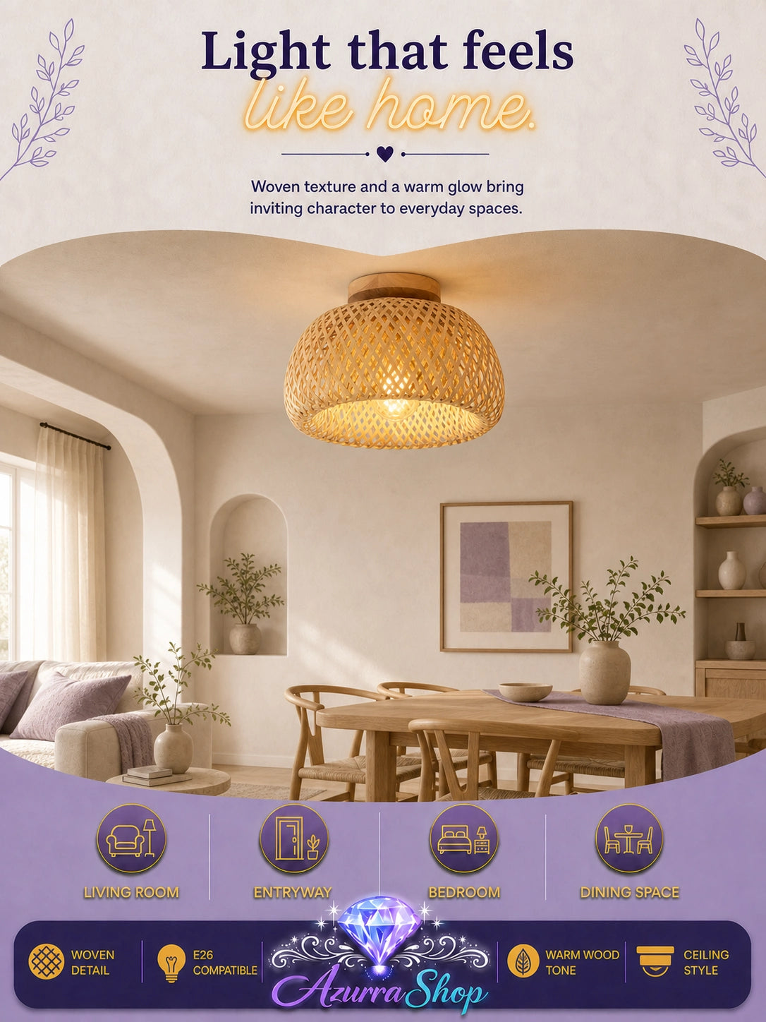 Woven rattan-style ceiling lamp glowing warmly above a dining table in a styled boho dining room, with lifestyle marketing text and Azurra Shop banner