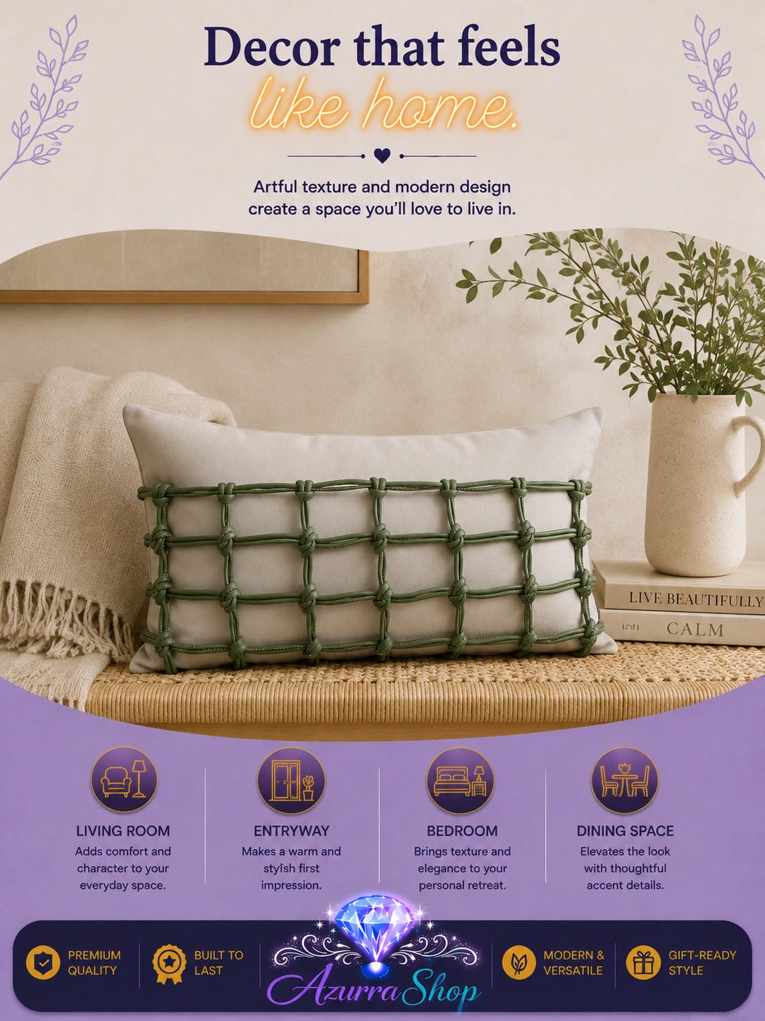 Green knotted lattice-patterned pillow displayed on a beige woven bench in a living room