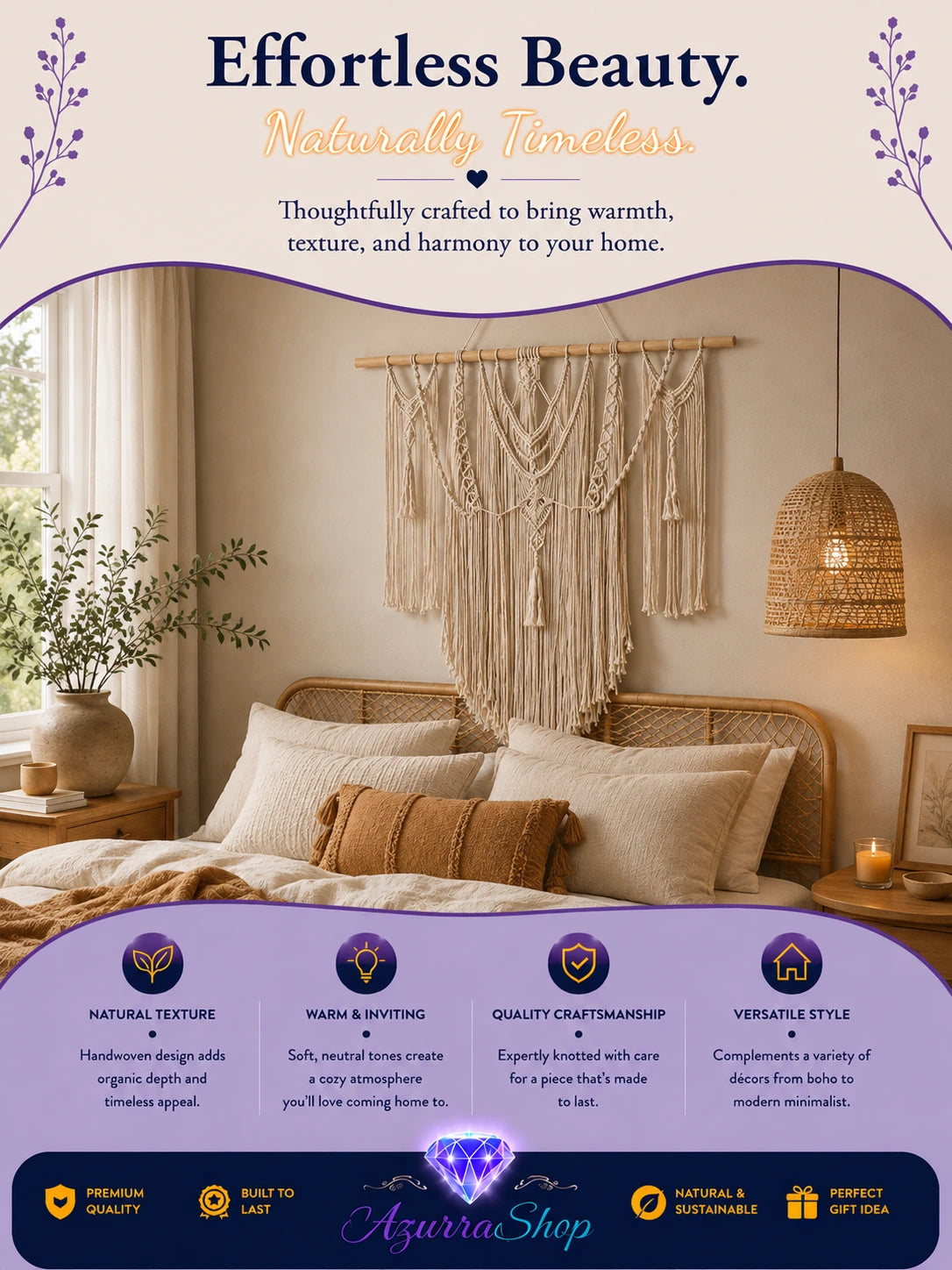 White macrame tassel wall hanging displayed above a bed with neutral bedding in a cozy bedroom.