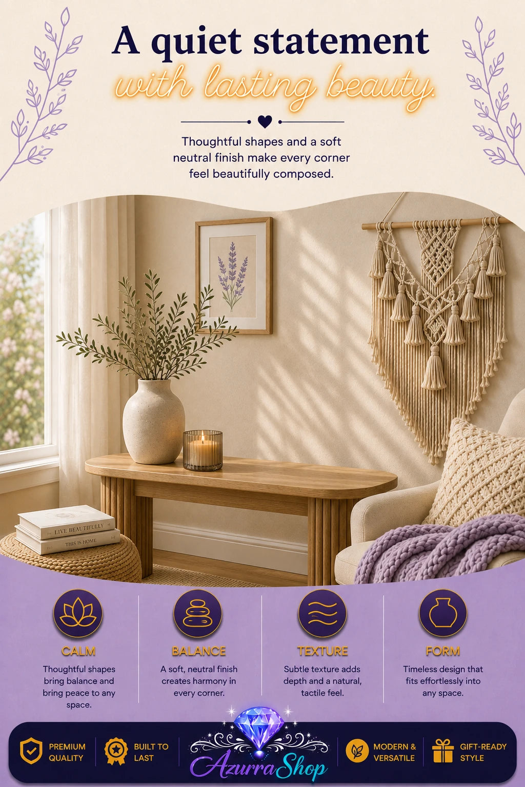 Beige and cream macrame wall hanging displayed above a wooden side table beside an armchair with throw pillows.