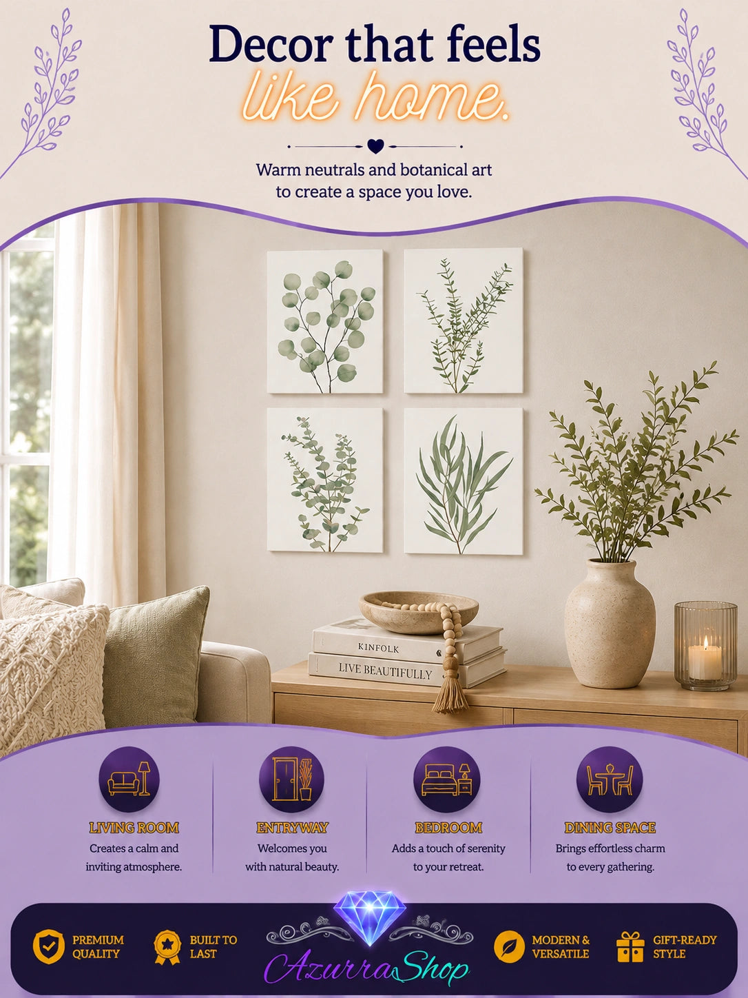 Four framed sage green eucalyptus and leaf botanical prints displayed above a wooden console table in a living room, with an Azurra Shop promotional banner