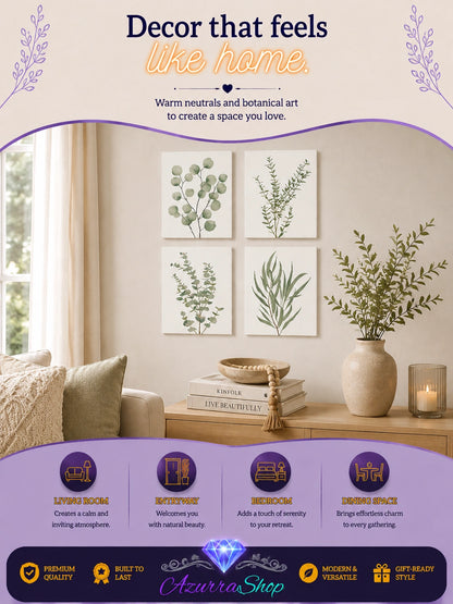Four framed sage green eucalyptus and leaf botanical prints displayed above a wooden console table in a living room, with an Azurra Shop promotional banner