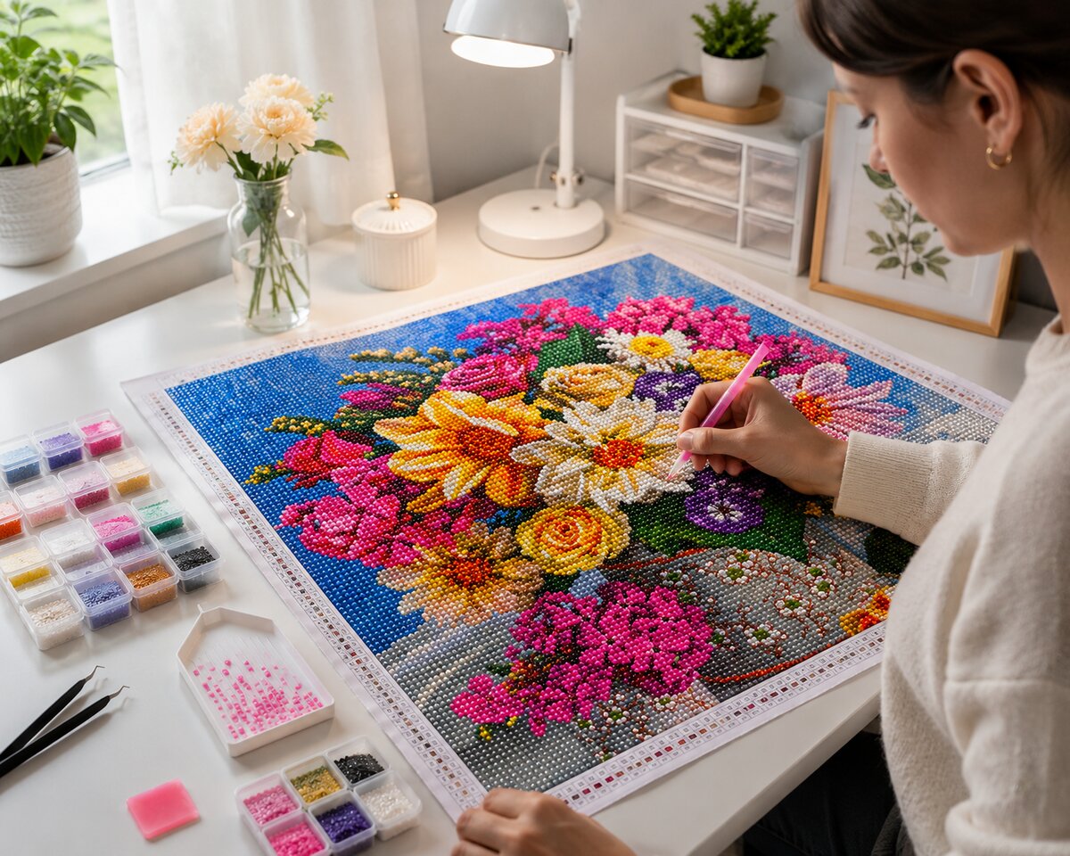Woman placing diamonds on the vibrant mixed floral bouquet canvas at a desk with flowers and a lamp | Azurra Shop