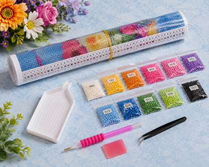 Diamond painting kit supplies including rolled canvas, 11 numbered diamond bags, tray, pen, and tweezers | Azurra Shop