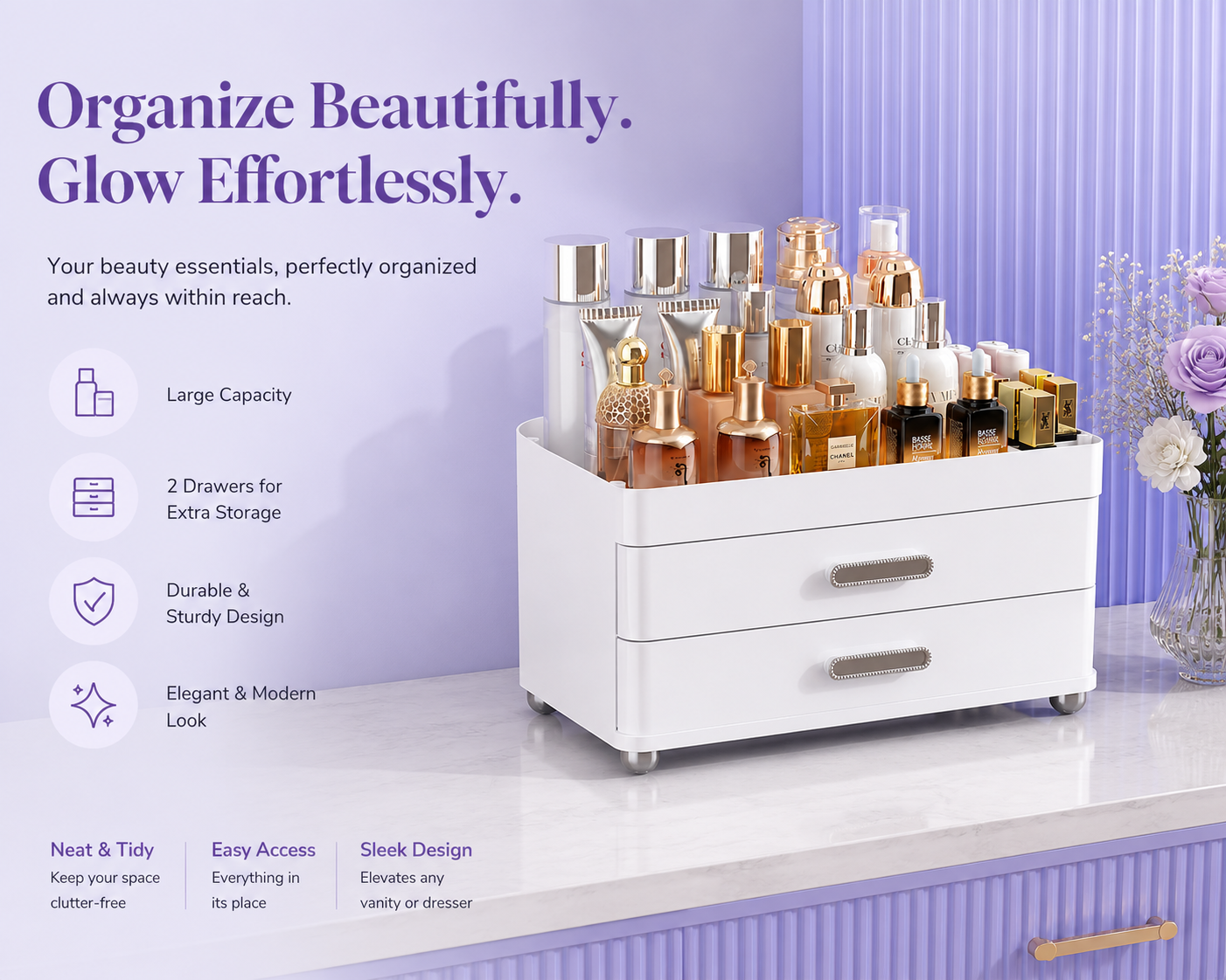 Makeup Organizer with Drawers — 4-Tier Vanity &amp; Skincare Storage
