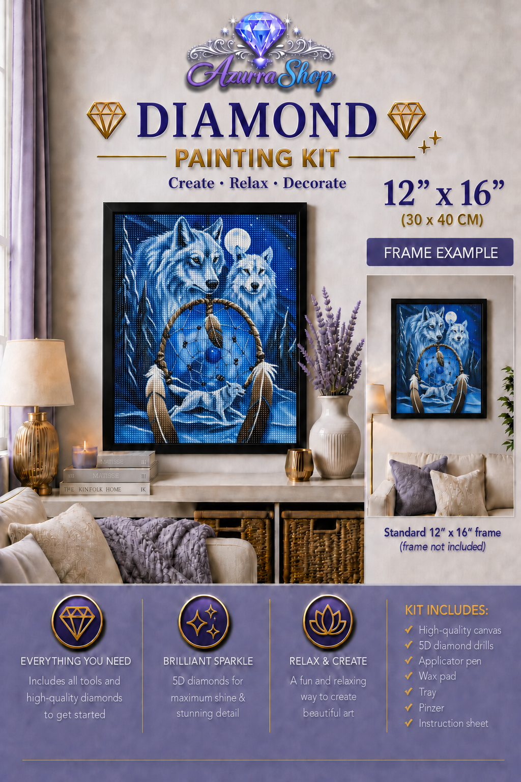 Two Wolves Cobalt Night Diamond Painting Kit