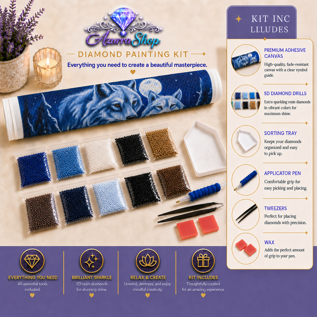 Two Wolves Cobalt Night Diamond Painting Kit