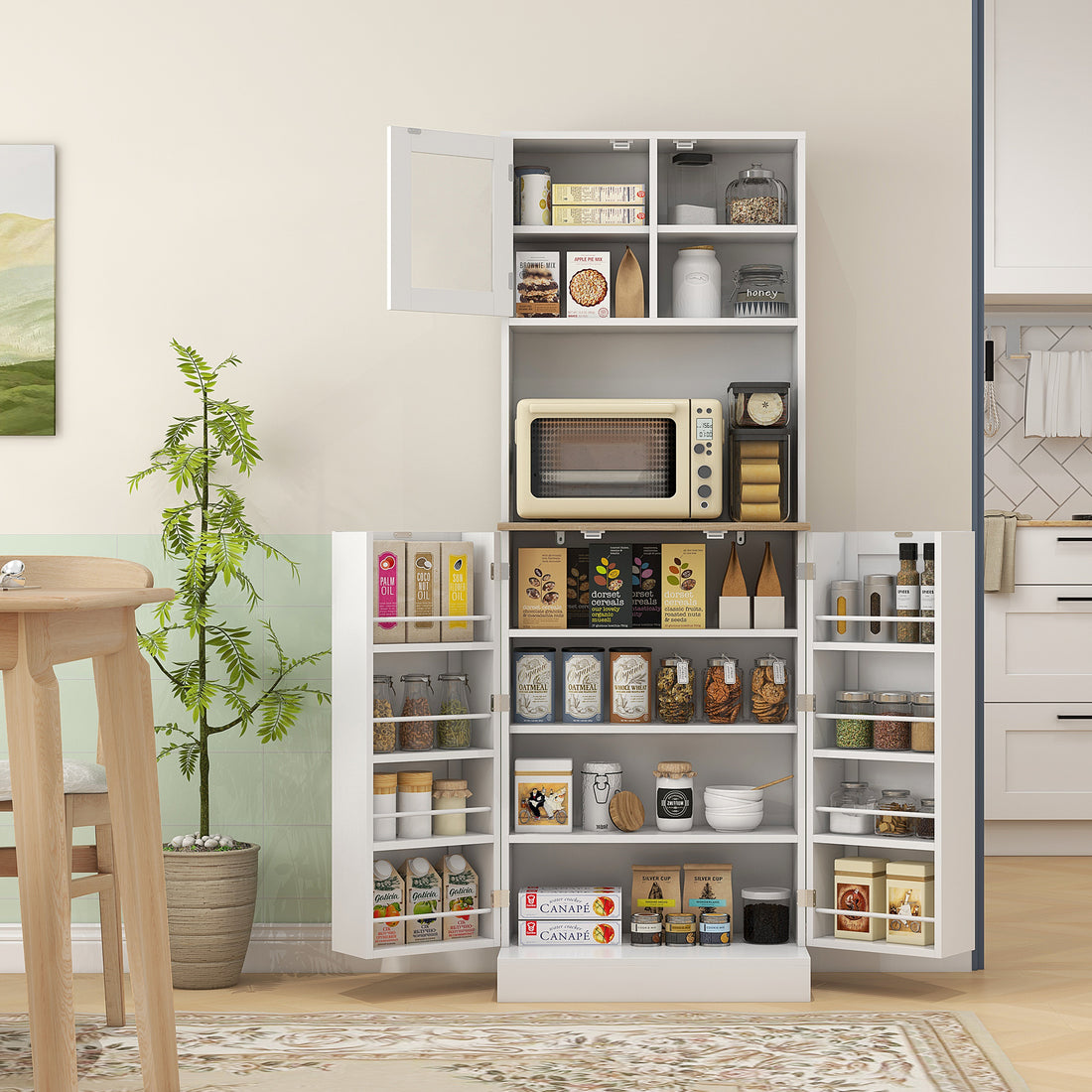 66.5" White Kitchen Pantry Cabinet with Glass Doors — particleboard &amp; tempered glass, microwave stand, 5 adjustable shelves, 23.6"W x 13.8"D x 66.5"H — Azurra Shop