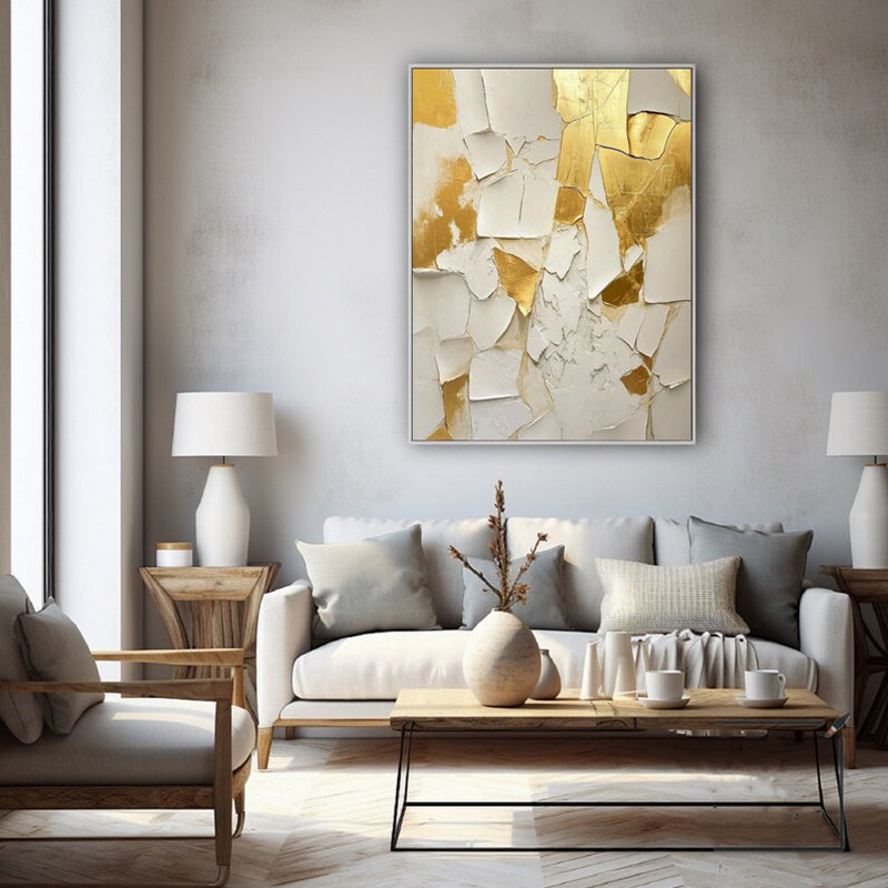Handmade Abstract Oil Painting — Golden &amp; White Texture