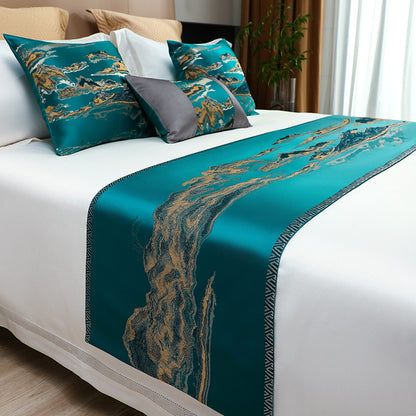 Chinese Landscape Style Bed Runner &amp; Pillow Set