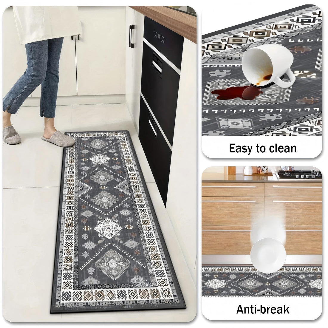 Boho Kitchen Rug Set — 3 Piece Faux Wool with Runner