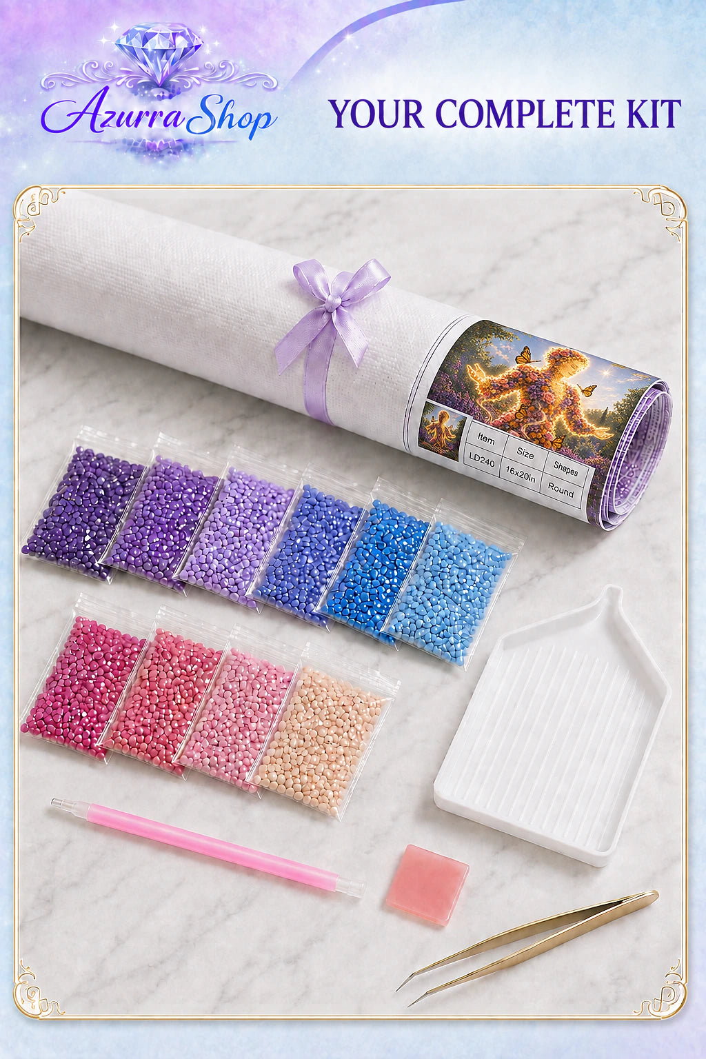 Diamond painting supplies flat lay for The Garden That Remembers — Azurra Shop