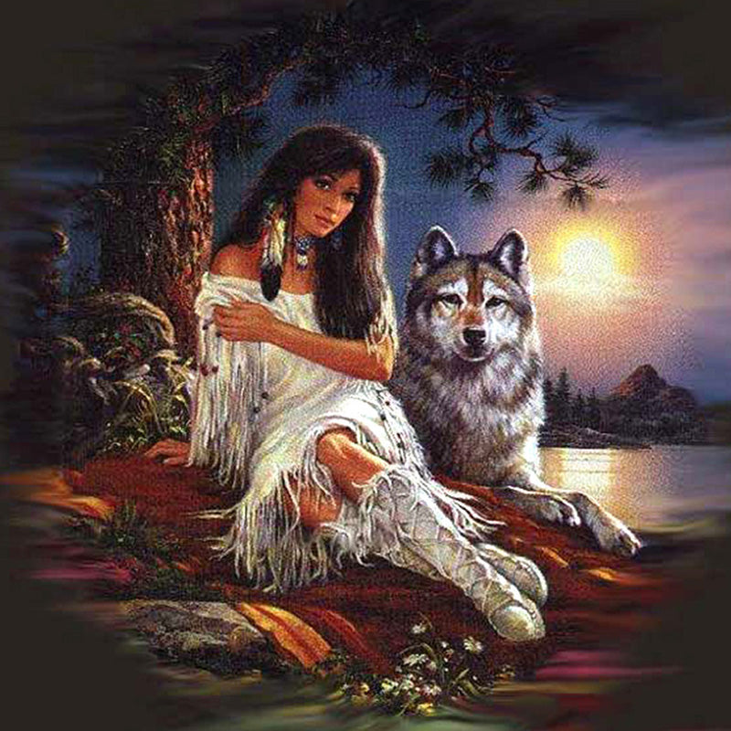 Beauty and wolf diamond painting kit – 16x16" fantasy wildlife art by Azurra Shop