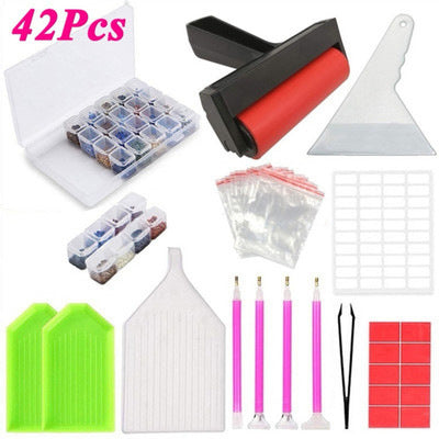 42-piece diamond painting complete tool set – roller, pens, trays, clay, tweezers &amp; more by Azurra Shop