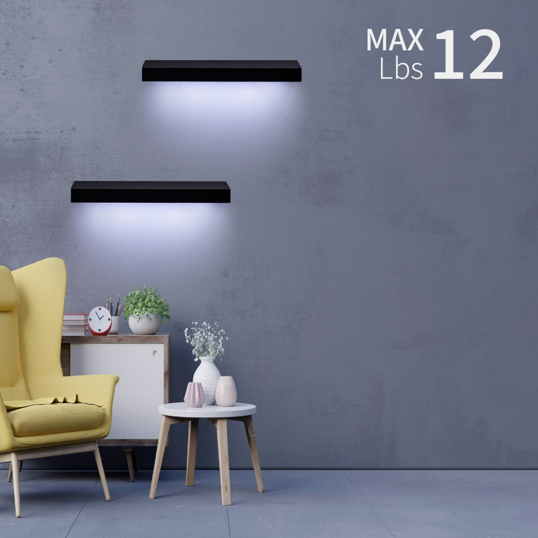 Floating Wall Shelf with Built-in LED Lighting — black MDF, 15.75x3.9x1.2", invisible brackets, ambient glow — Azurra Shop