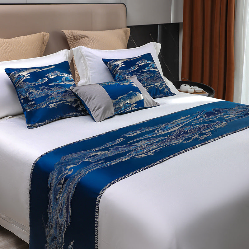 Chinese Landscape Style Bed Runner &amp; Pillow Set