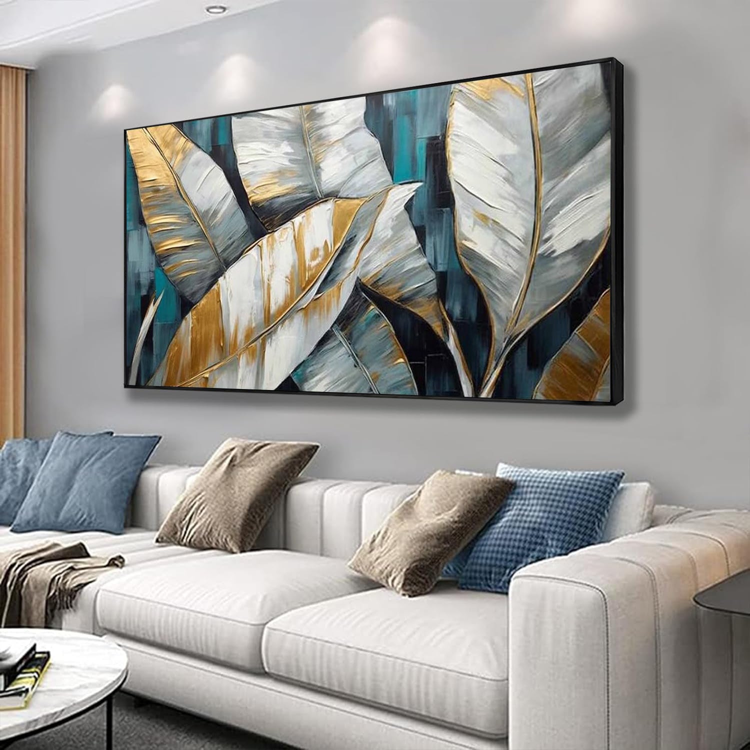 Handmade Abstract Oil Painting — Golden Green Banana Leaves