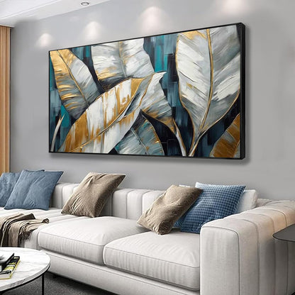 Handmade Abstract Oil Painting — Golden Green Banana Leaves