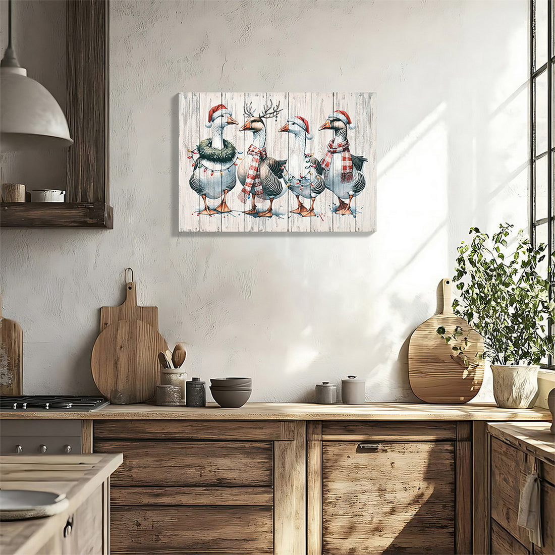 Framed Vintage Duck Watercolor Wall Art — 20x28", red buffalo check, mallard duck with ornaments, natural wood frame, ready to hang — Azurra Shop