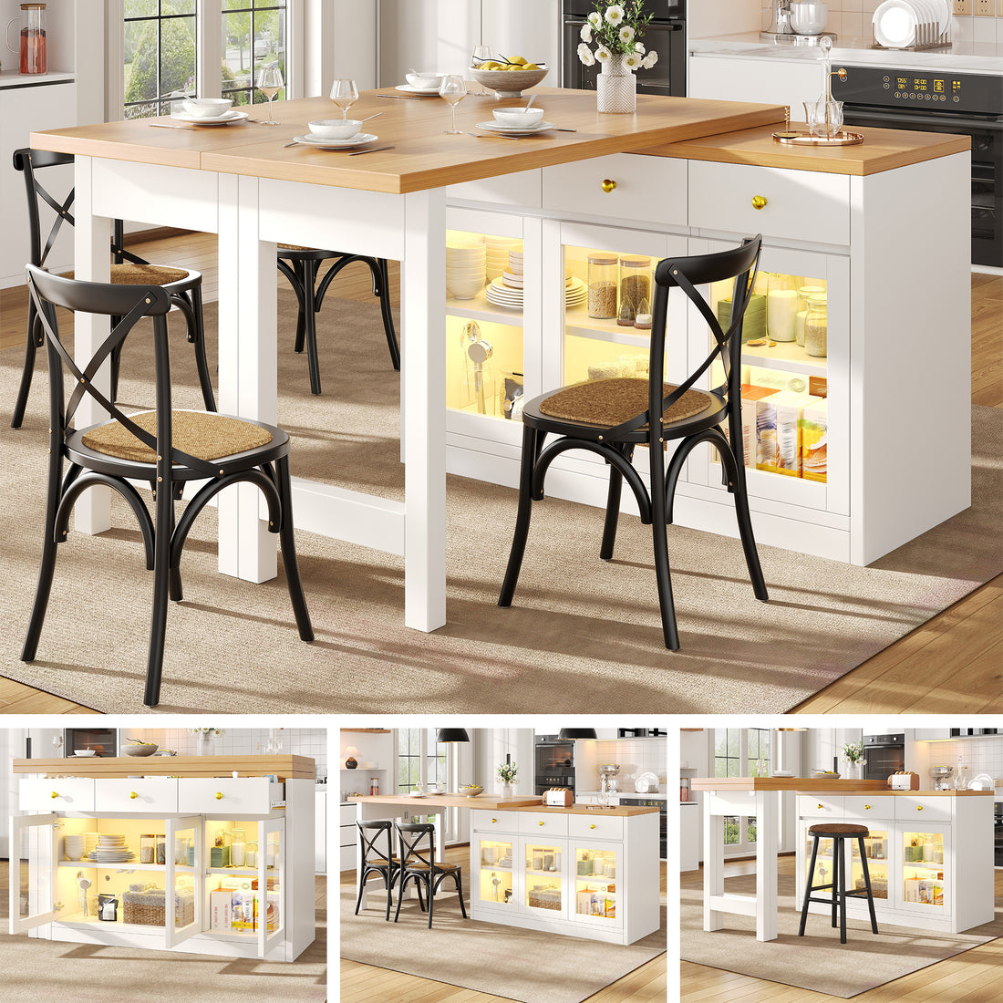 Extendable Kitchen Island with RGB LED Lights — MDF, 47-79" adjustable, 3 drawers, glass cabinets, seats 6-8 — Azurra Shop