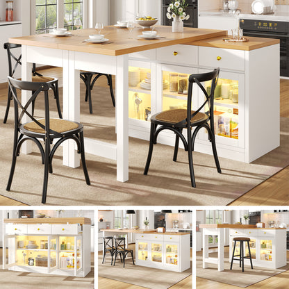 Extendable Kitchen Island with RGB LED Lights — MDF, 47-79" adjustable, 3 drawers, glass cabinets, seats 6-8 — Azurra Shop