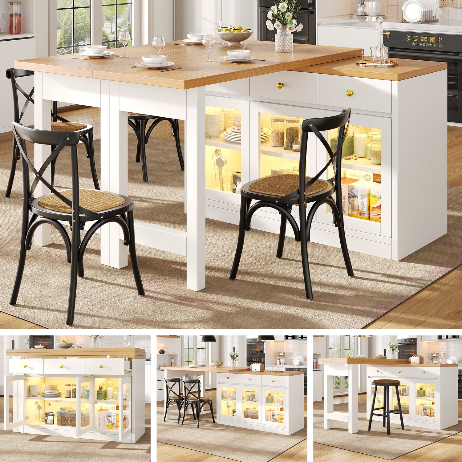 Extendable Kitchen Island with RGB LED Lights — White