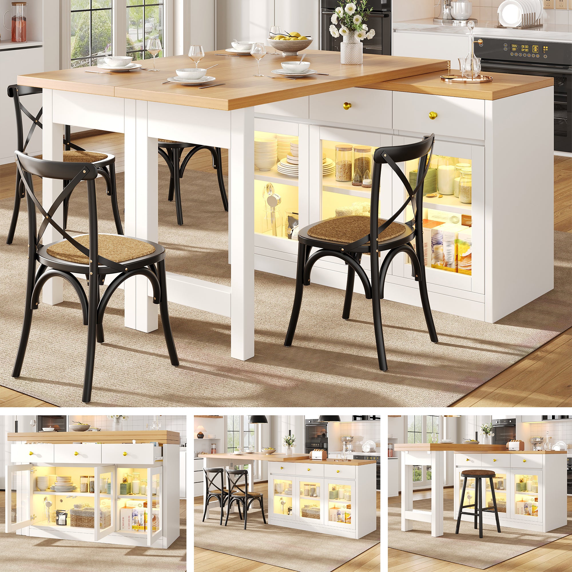 Extendable Kitchen Island with RGB LED Lights — White