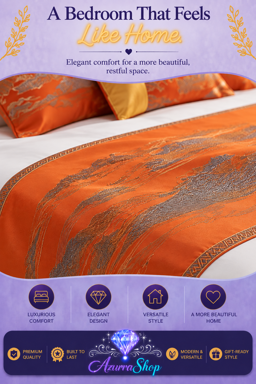 Chinese Landscape Style Bed Runner &amp; Pillow Set