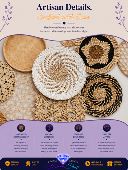 Close up of round beige, tan, and black woven wall hanging discs in varied textures and patterns, arranged together to show detail.